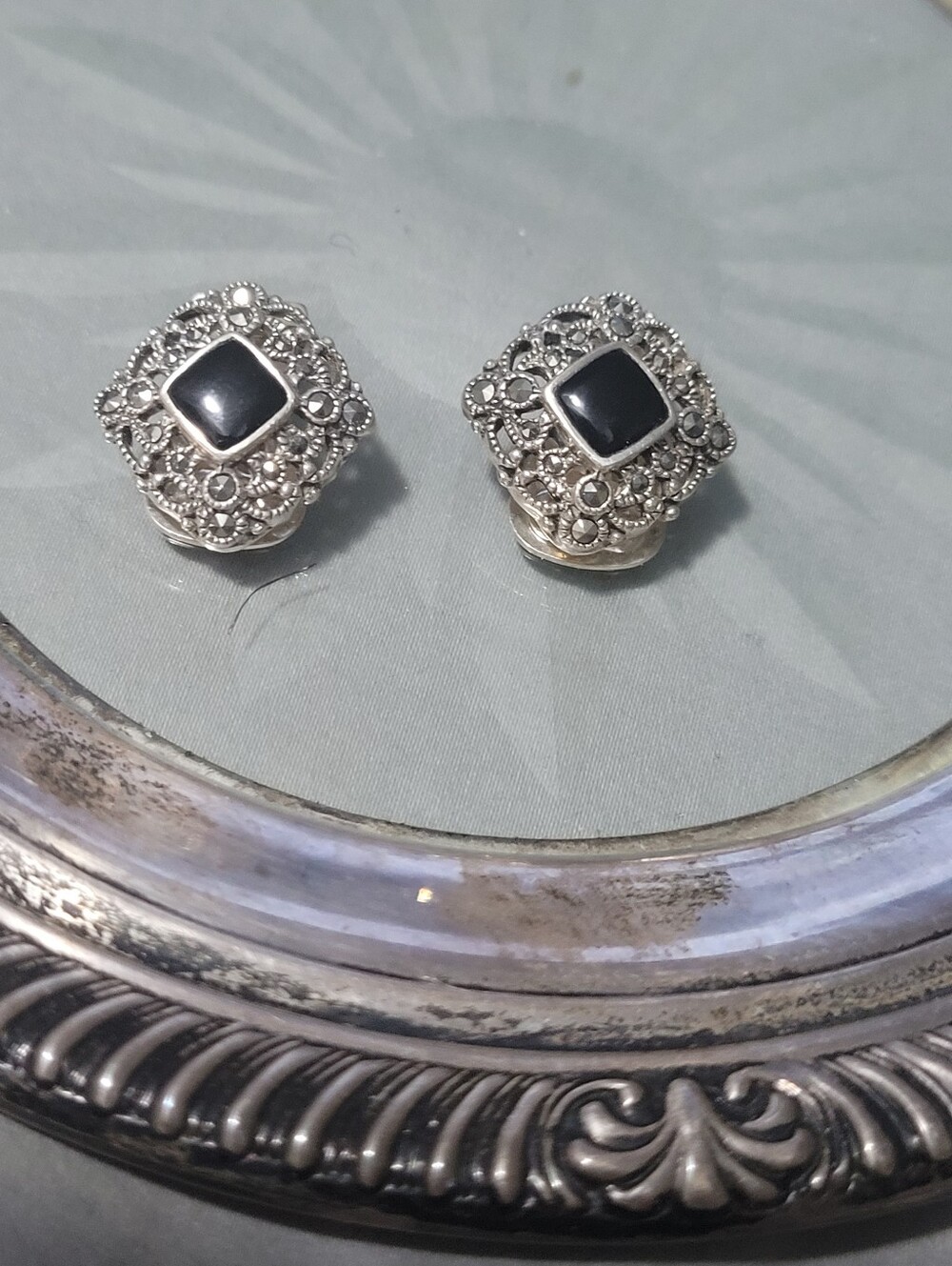 Sterling Silver Filigree Clip-On Earrings with Black Stone